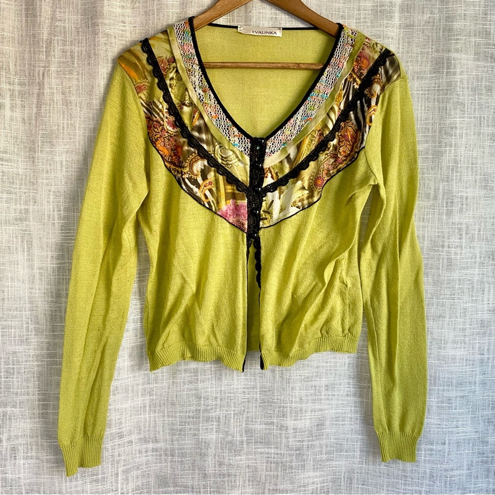 Evalinka Wearable Art Cropped Lightweight Mixed Media Cardigan